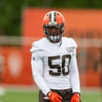 Cleveland Browns linebacker Jacob Phillips (50) participates in drills during the Cleveland Browns Training Camp on August 29, 2020, at the at the Cleveland Browns Training Facility in Berea, Ohio.