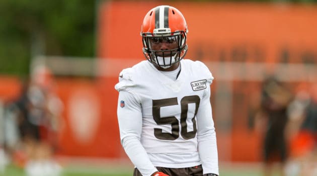 Cleveland Browns linebacker Jacob Phillips (50) participates in drills during the Cleveland Browns Training Camp on August 29, 2020, at the at the Cleveland Browns Training Facility in Berea, Ohio.