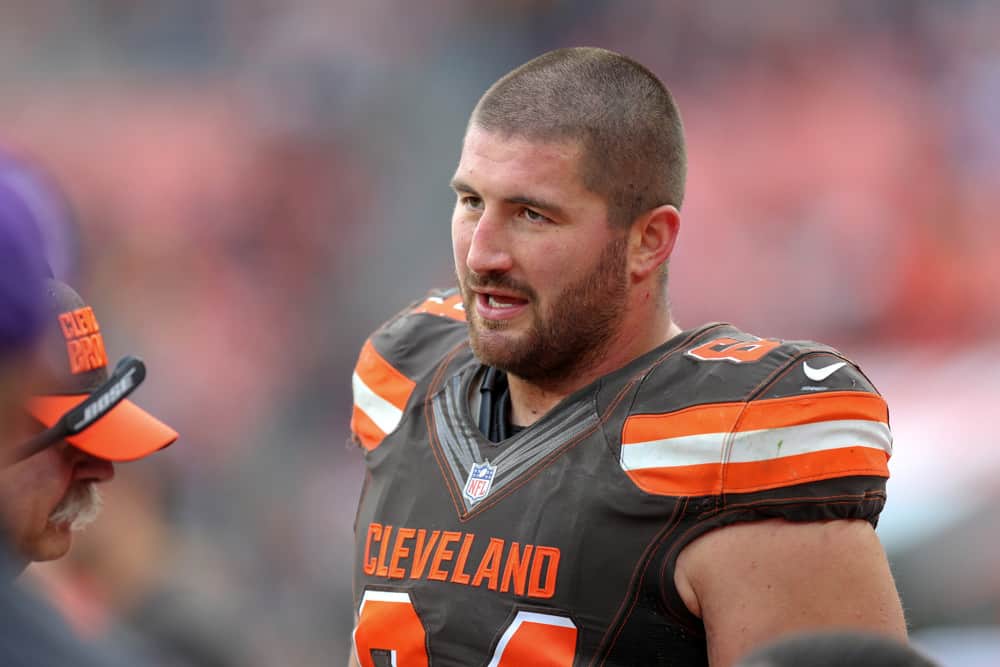 Cleveland Browns center JC Tretter (64) on the sideline during the fourth quarter of the National Football League game between the Kansas City Chiefs and Cleveland Browns on November 4, 2018, at FirstEnergy Stadium in Cleveland, OH. 