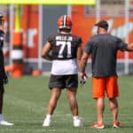 Cleveland Browns tackle Alex Taylor (67) and Cleveland Browns tackle Jedrick Wills Jr. (71) participates in drills during the Cleveland Browns Training Camp on August 29, 2020, at the at the Cleveland Browns Training Facility in Berea, Ohio.