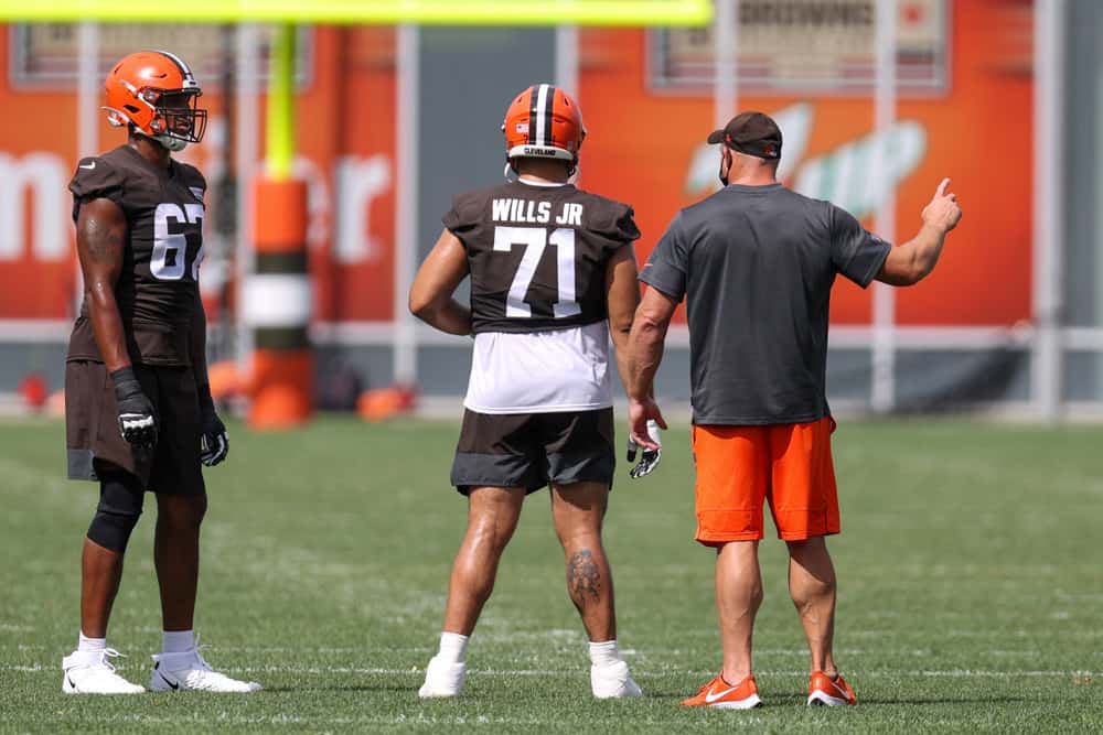 Cleveland Browns tackle Alex Taylor (67) and Cleveland Browns tackle Jedrick Wills Jr. (71) participates in drills during the Cleveland Browns Training Camp on August 29, 2020, at the at the Cleveland Browns Training Facility in Berea, Ohio.