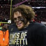 Alabama Crimson Tide offensive lineman Jedrick Wills Jr. (74) celebrates winning the College Football Playoff National Championship Game between the Alabama Crimson Tide and the Georgia Bulldogs on January 8, 2018 at Mercedes-Benz Stadium in Atlanta, GA.