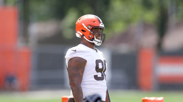 Cleveland Browns defensive tackle Jordan Elliott (90) on the field during the Cleveland Browns Training Camp on August 29, 2020, at the at the Cleveland Browns Training Facility in Berea, Ohio.