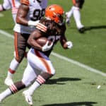 Cleveland Browns running back Kareem Hunt (27) carries the football during drills during the Cleveland Browns Training Camp on August 30, 2020, at FirstEnergy Stadium in Cleveland, OH.