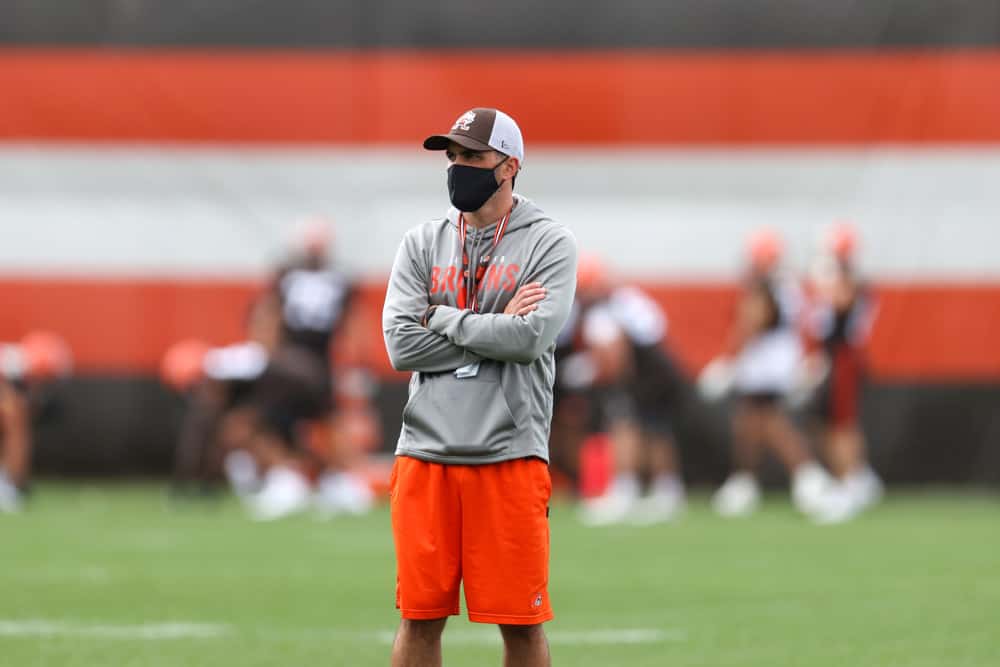 Cleveland Browns head coach Kevin Stefanski on the field during the Cleveland Browns Training Camp on August 29, 2020, at the at the Cleveland Browns Training Facility in Berea, Ohio.