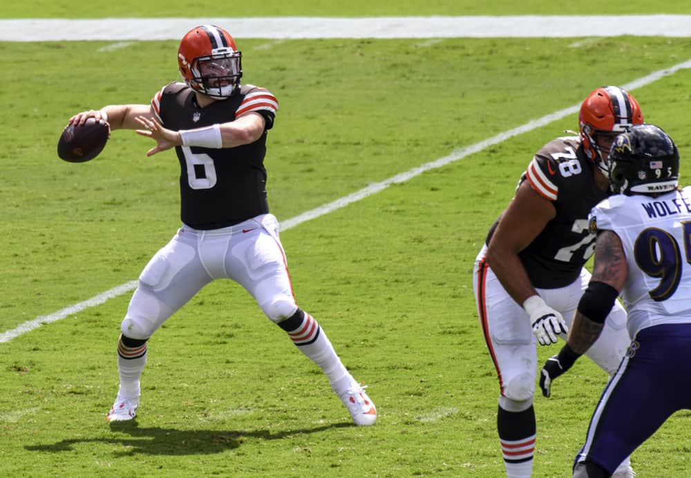 Cleveland Browns quarterback Baker Mayfield (6) drops back to pass against the Baltimore Ravens on September 13, 2020, at M&T Bank Stadium in Baltimore, MD.