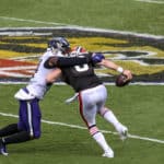 Baltimore Ravens linebacker Tyus Bowser (54) sacks Cleveland Browns quarterback Baker Mayfield (6) in the second half on September 13, 2020, at M&T Bank Stadium in Baltimore, MD.