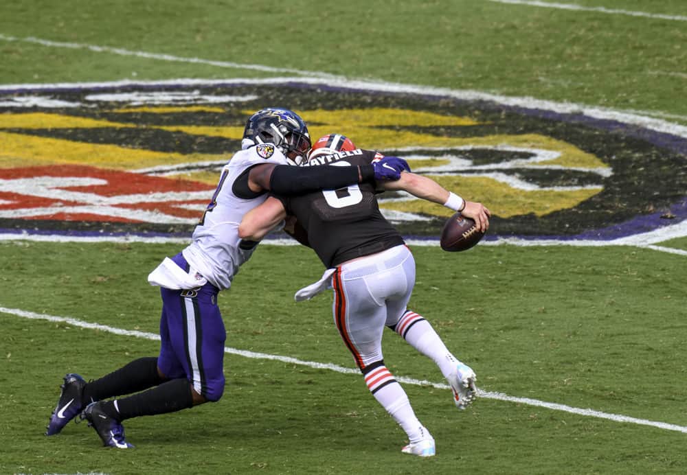 Baltimore Ravens linebacker Tyus Bowser (54) sacks Cleveland Browns quarterback Baker Mayfield (6) in the second half on September 13, 2020, at M&T Bank Stadium in Baltimore, MD.