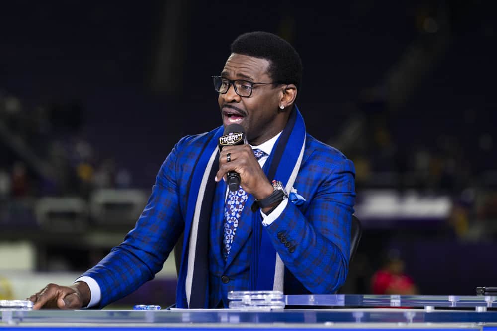 Sportscaster Michael Irvin on the set of NFL Network’s Thursday Night Football broadcast after an NFL regular season game between the Washington Redskins and Minnesota Vikings on Thursday, Oct. 24, 2019 in Minneapolis. The Vikings won, 19-9.