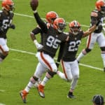 Cleveland Browns defensive end Myles Garrett (95) aided by strong safety Andrew Sendejo (23) celebrates after recovering a fumble against the Baltimore Ravens on September 13, 2020, at M&T Bank Stadium in Baltimore, MD.
