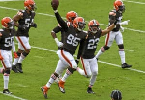 Cleveland Browns defensive end Myles Garrett (95) aided by strong safety Andrew Sendejo (23) celebrates after recovering a fumble against the Baltimore Ravens on September 13, 2020, at M&T Bank Stadium in Baltimore, MD.