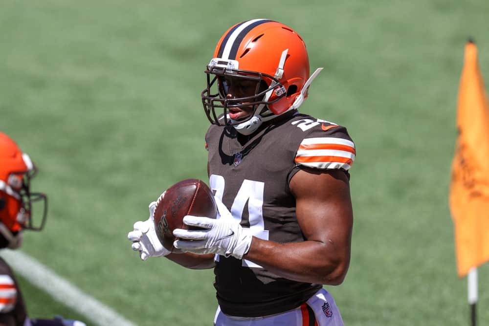 Cleveland Browns running back Nick Chubb (24) participates in drills during the Cleveland Browns Training Camp on August 30, 2020, at FirstEnergy Stadium in Cleveland, OH.