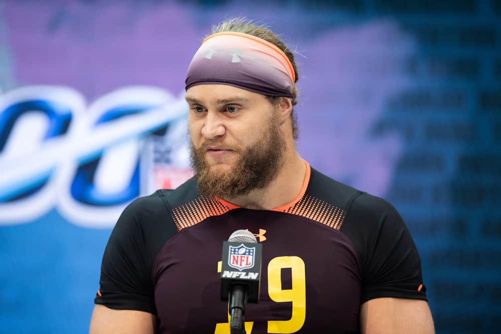 USC edge rusher Porter Gustin answers questions from the media during the NFL Scouting Combine on March 2, 2019 at the Indiana Convention Center in Indianapolis, IN.