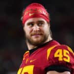 Porter Gustin (LB) looks on during a college football game between the Notre Dame Fighting Irish and the USC Trojans on November 24, 2018, at the Los Angeles Memorial Coliseum in Los Angeles, CA.