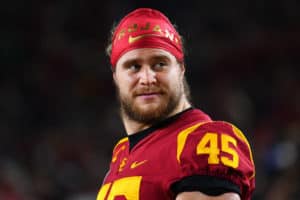 Porter Gustin (LB) looks on during a college football game between the Notre Dame Fighting Irish and the USC Trojans on November 24, 2018, at the Los Angeles Memorial Coliseum in Los Angeles, CA.