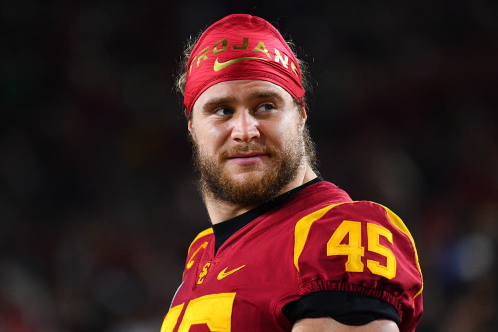 Porter Gustin (LB) looks on during a college football game between the Notre Dame Fighting Irish and the USC Trojans on November 24, 2018, at the Los Angeles Memorial Coliseum in Los Angeles, CA.