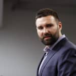 New England Patriots defensive end Rob Ninkovich (50) announces his retirement during New England Patriots training camp on July 30, 2017, at the Patriots Practice Facility in Foxborough, Massachusetts.