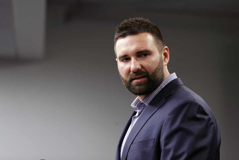 New England Patriots defensive end Rob Ninkovich (50) announces his retirement during New England Patriots training camp on July 30, 2017, at the Patriots Practice Facility in Foxborough, Massachusetts.