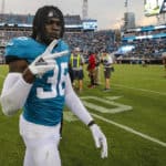 Jacksonville Jaguars safety Ronnie Harrison (36) celebrates the win after the game between the New England Patriots and the Jacksonville Jaguars on September 16, 2018 at TIAA Bank Field in Jacksonville, Fl.