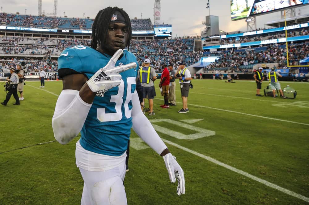 Jacksonville Jaguars safety Ronnie Harrison (36) celebrates the win after the game between the New England Patriots and the Jacksonville Jaguars on September 16, 2018 at TIAA Bank Field in Jacksonville, Fl.