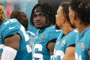 Jacksonville Jaguars safety Ronnie Harrison (36) sits on the sidelines during the game between the New England Patriots and the Jacksonville Jaguars on September 16, 2018 at TIAA Bank Field in Jacksonville, Fl.