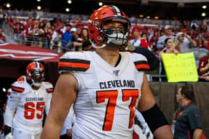 Cleveland Browns offensive guard Wyatt Teller (77) looks on before the NFL football game between the Cleveland Browns and the Arizona Cardinals on December 15, 2019 at State Farm Stadium in Glendale, Arizona.