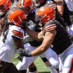 Cleveland Browns tackle Jedrick Wills Jr. (71) blocks Cleveland Browns defensive end Adrian Clayborn (94) during drills during the Cleveland Browns Training Camp on August 30, 2020, at FirstEnergy Stadium in Cleveland, OH.