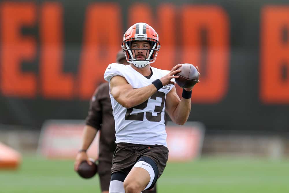 Cleveland Browns safety Andrew Sendejo (23) participates in drills during the Cleveland Browns Training Camp on August 29, 2020, at the at the Cleveland Browns Training Facility in Berea, Ohio.