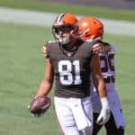 Cleveland Browns tight end Austin Hooper (81) with the football during drills during the Cleveland Browns Training Camp on August 30, 2020, at FirstEnergy Stadium in Cleveland, OH.