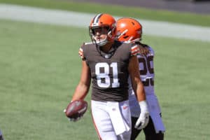 Cleveland Browns tight end Austin Hooper (81) with the football during drills during the Cleveland Browns Training Camp on August 30, 2020, at FirstEnergy Stadium in Cleveland, OH.