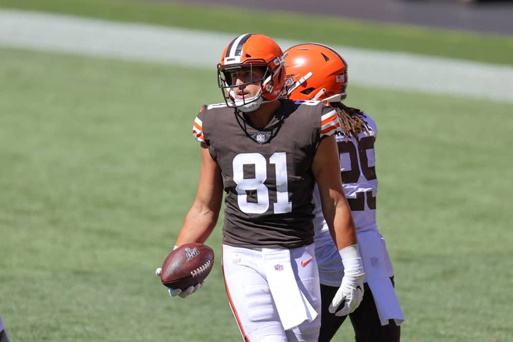 Cleveland Browns tight end Austin Hooper (81) with the football during drills during the Cleveland Browns Training Camp on August 30, 2020, at FirstEnergy Stadium in Cleveland, OH. 