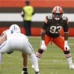 Cleveland Browns Linebacker B.J. Goodson (93) looks into the back field in game action during a NFL game between the Indianapolis Colts and the Cleveland Browns on October11, 2020 at FirstEnergy Stadium in Cleveland, OH.