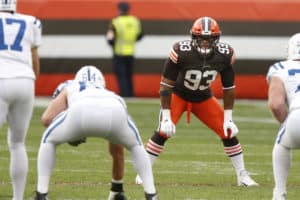 Cleveland Browns Linebacker B.J. Goodson (93) looks into the back field in game action during a NFL game between the Indianapolis Colts and the Cleveland Browns on October11, 2020 at FirstEnergy Stadium in Cleveland, OH.