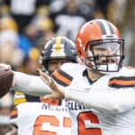 Cleveland Browns quarterback Baker Mayfield (6) looks for a receiver before throwing a touchdown during the NFL football game between Cleveland Browns and the Pittsburgh Steelers on December 1, 2019 at Heinz Field in Pittsburgh, PA.