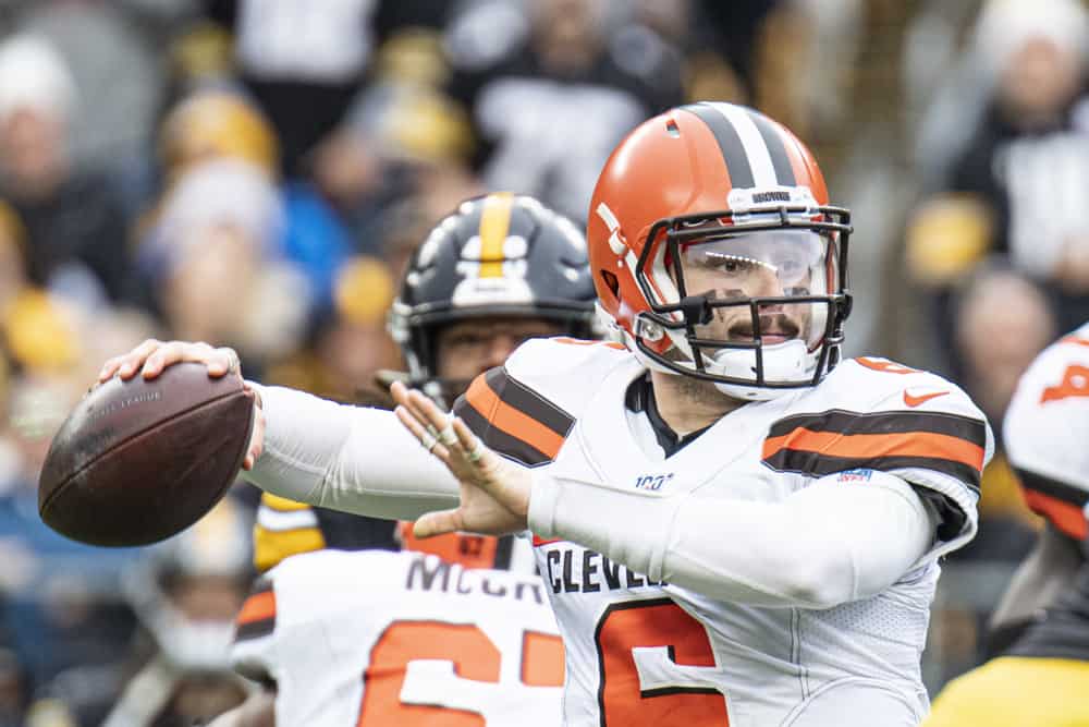 Cleveland Browns quarterback Baker Mayfield (6) looks for a receiver before throwing a touchdown during the NFL football game between Cleveland Browns and the Pittsburgh Steelers on December 1, 2019 at Heinz Field in Pittsburgh, PA.