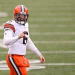 Cleveland Browns quarterback Baker Mayfield (6) reacts during the game against the Cleveland Browns and the Cincinnati Bengals on October 25, 2020, at Paul Brown Stadium in Cincinnati, OH.