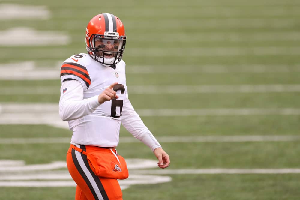 Cleveland Browns quarterback Baker Mayfield (6) reacts during the game against the Cleveland Browns and the Cincinnati Bengals on October 25, 2020, at Paul Brown Stadium in Cincinnati, OH.