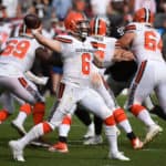 Cleveland Browns Quarterback Baker Mayfield (6) during the NFL football game between the Cleveland Browns and the Oakland Raiders on September 30, 2018, at the Oakland Alameda Coliseum in Oakland, CA .