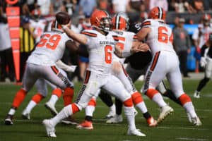 Cleveland Browns Quarterback Baker Mayfield (6) during the NFL football game between the Cleveland Browns and the Oakland Raiders on September 30, 2018, at the Oakland Alameda Coliseum in Oakland, CA .