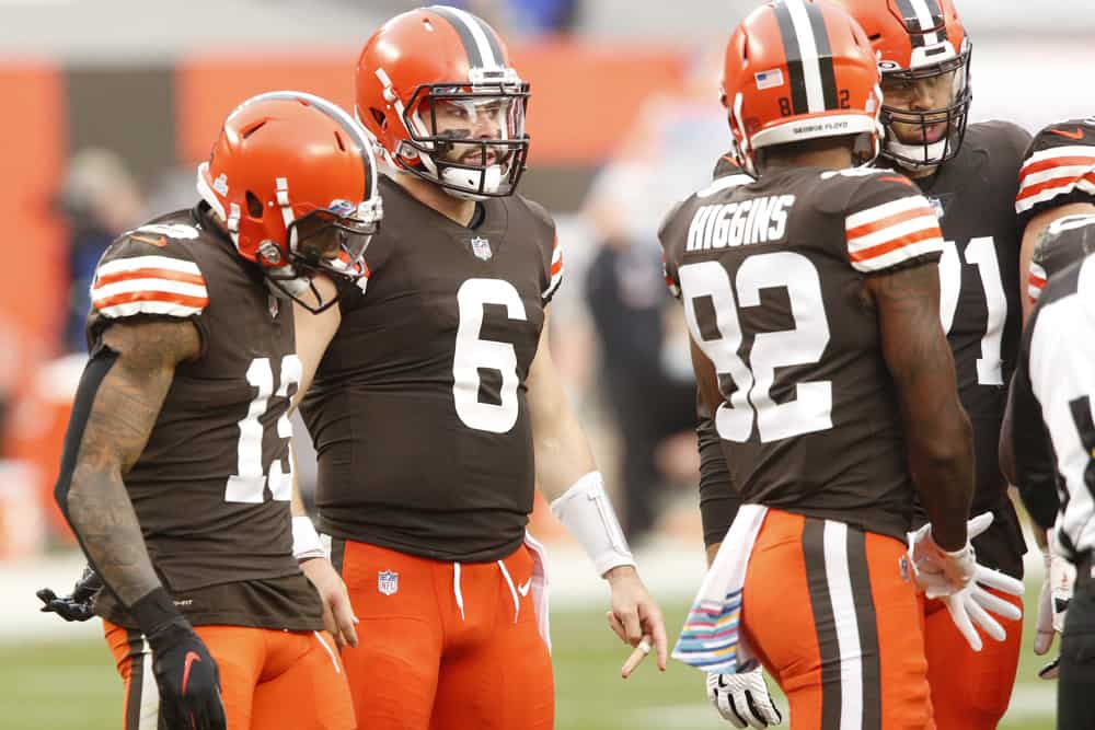 Cleveland Browns Quarterback Baker Mayfield (6) in game action during a NFL game between the Indianapolis Colts and the Cleveland Browns on October11, 2020 at FirstEnergy Stadium in Cleveland, OH.