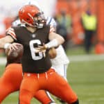 Cleveland Browns Quarterback Baker Mayfield (6) in game action during a NFL game between the Indianapolis Colts and the Cleveland Browns on October11, 2020 at FirstEnergy Stadium in Cleveland, OH.