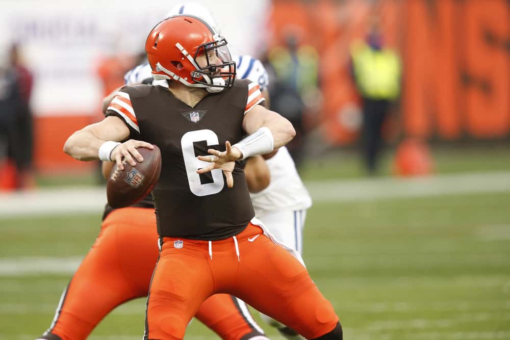 Cleveland Browns Quarterback Baker Mayfield (6) in game action during a NFL game between the Indianapolis Colts and the Cleveland Browns on October11, 2020 at FirstEnergy Stadium in Cleveland, OH.