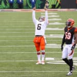 Cleveland Browns quarterback Baker Mayfield (6) reacts after throwing a touchdown pass to wide receiver Donovan Peoples-Jones (11) (not pictured) during the game against the Cleveland Browns and the Cincinnati Bengals on October 25, 2020, at Paul Brown Stadium in Cincinnati, OH.