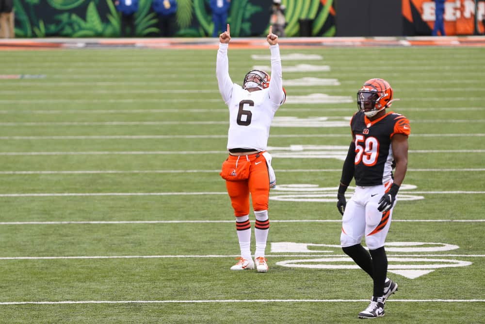 Cleveland Browns quarterback Baker Mayfield (6) reacts after throwing a touchdown pass to wide receiver Donovan Peoples-Jones (11) (not pictured) during the game against the Cleveland Browns and the Cincinnati Bengals on October 25, 2020, at Paul Brown Stadium in Cincinnati, OH.