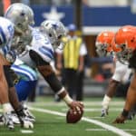 Dallas Cowboys offense and Cleveland Browns defense facing on the line during the game between the Cleveland Browns and the Dallas Cowboys at Cowboys Stadium in Arlington, Texas. Browns leads the 1st half against Cowboys, 13-0.