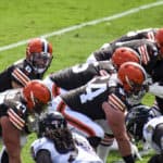 Cleveland Browns quarterback Baker Mayfield (6) prepares to take the snap from center JC Tretter (64)i n the game against the Baltimore Ravens on September 13, 2020, at M&T Bank Stadium in Baltimore, MD.