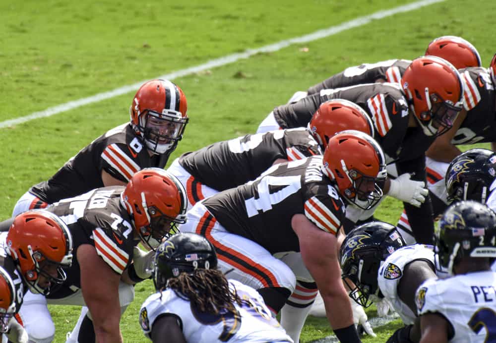Cleveland Browns quarterback Baker Mayfield (6) prepares to take the snap from center JC Tretter (64)i n the game against the Baltimore Ravens on September 13, 2020, at M&T Bank Stadium in Baltimore, MD.