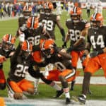 Cleveland Browns Safety Sheldrick Redwine (29) and the rest of the Cleveland Browns defense celebrates his interception in game action during a NFL game between the Indianapolis Colts and the Cleveland Browns on October11, 2020 at FirstEnergy Stadium in Cleveland, OH.