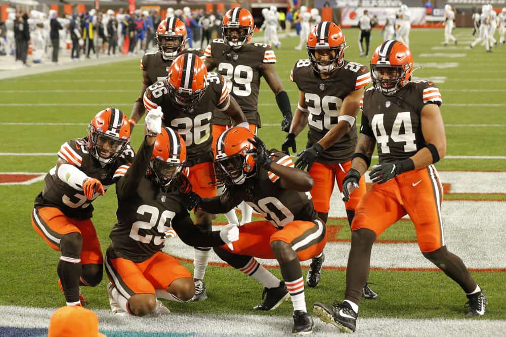 Cleveland Browns Safety Sheldrick Redwine (29) and the rest of the Cleveland Browns defense celebrates his interception in game action during a NFL game between the Indianapolis Colts and the Cleveland Browns on October11, 2020 at FirstEnergy Stadium in Cleveland, OH.