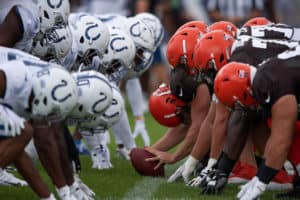 The Indianapolis Colts and Cleveland Browns joint training camp practice on August 14, 2019 at the Grand Park Sports Campus in Westfield, IN.